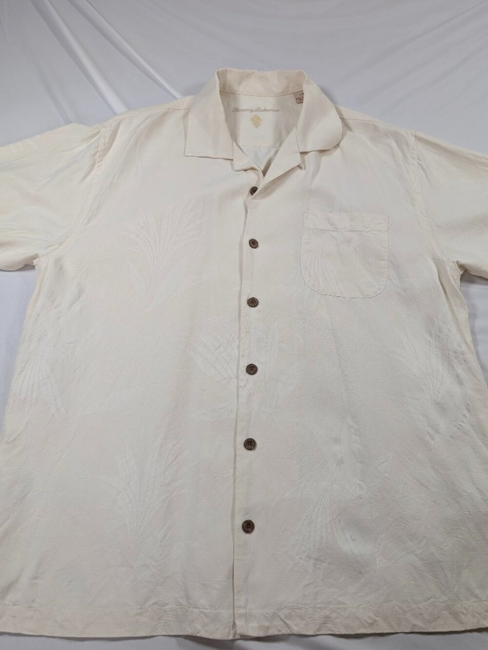 Tommy Bahama Mens Large Cream White 100% Silk Jacquard Hawaiian Camp Shirt Palm